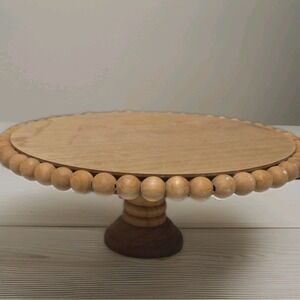 Cake Stand Round Beaded Pedestal Wooden Farmhouse Dessert 10"w 3 3/4 " Tall